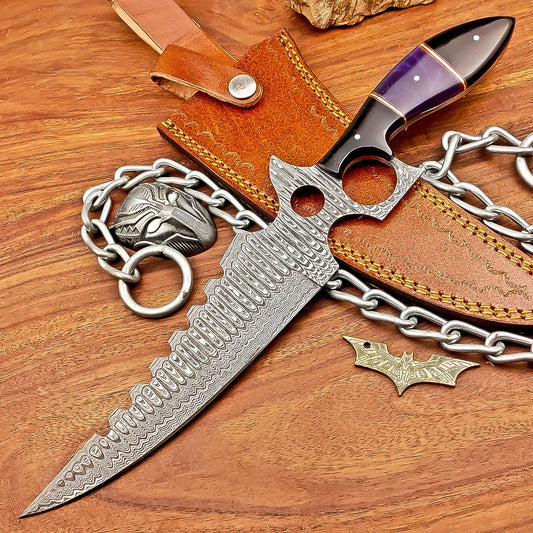 13 Inch Handmade Damascus Steel Bowie Knife with Resin Handle and Brass Pins