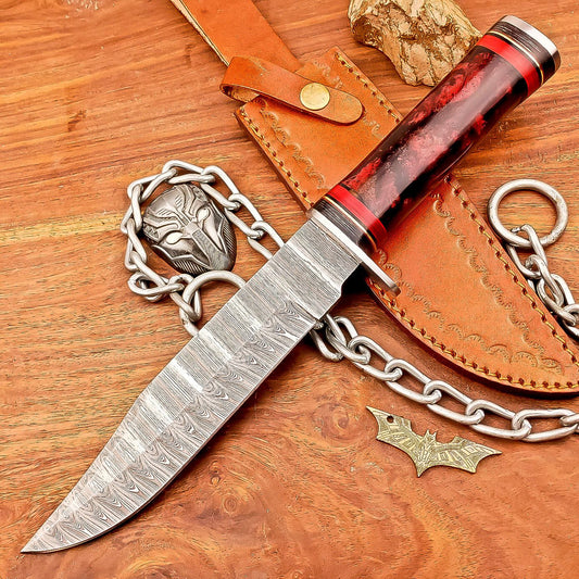 13 Inch Handmade Damascus Steel Bowie Knife with Resin Handle and Leather Sheath