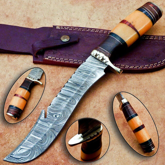 13 Inch Handmade Damascus Steel Hunting Bowie Knife with Camel Bone and Wood Handle