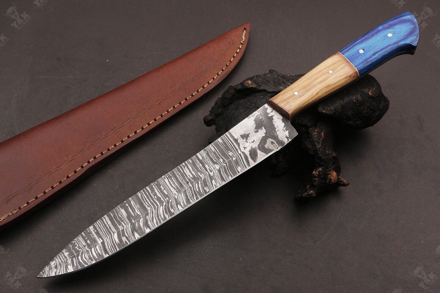 13 Inch Handmade Fire Damascus Steel Santoku Chef Knife with Camel Bone & Wood Handle