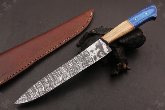 13 Inch Handmade Fire Damascus Steel Santoku Chef Knife with Camel Bone & Wood Handle