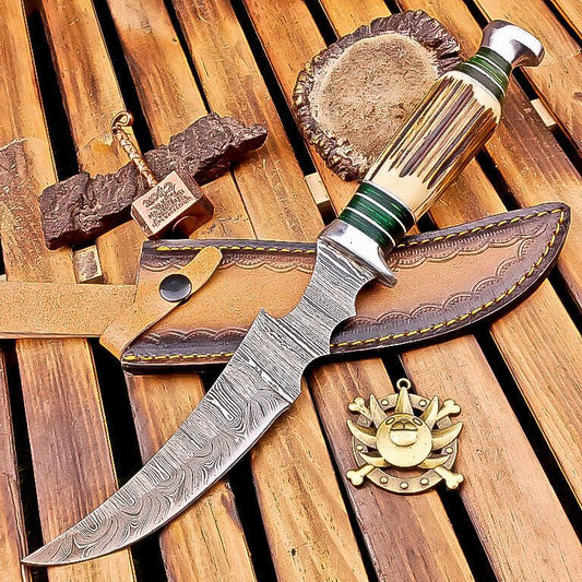 13 Inch Stag Horn Handle Damascus Bowie Knife with Leather Sheath