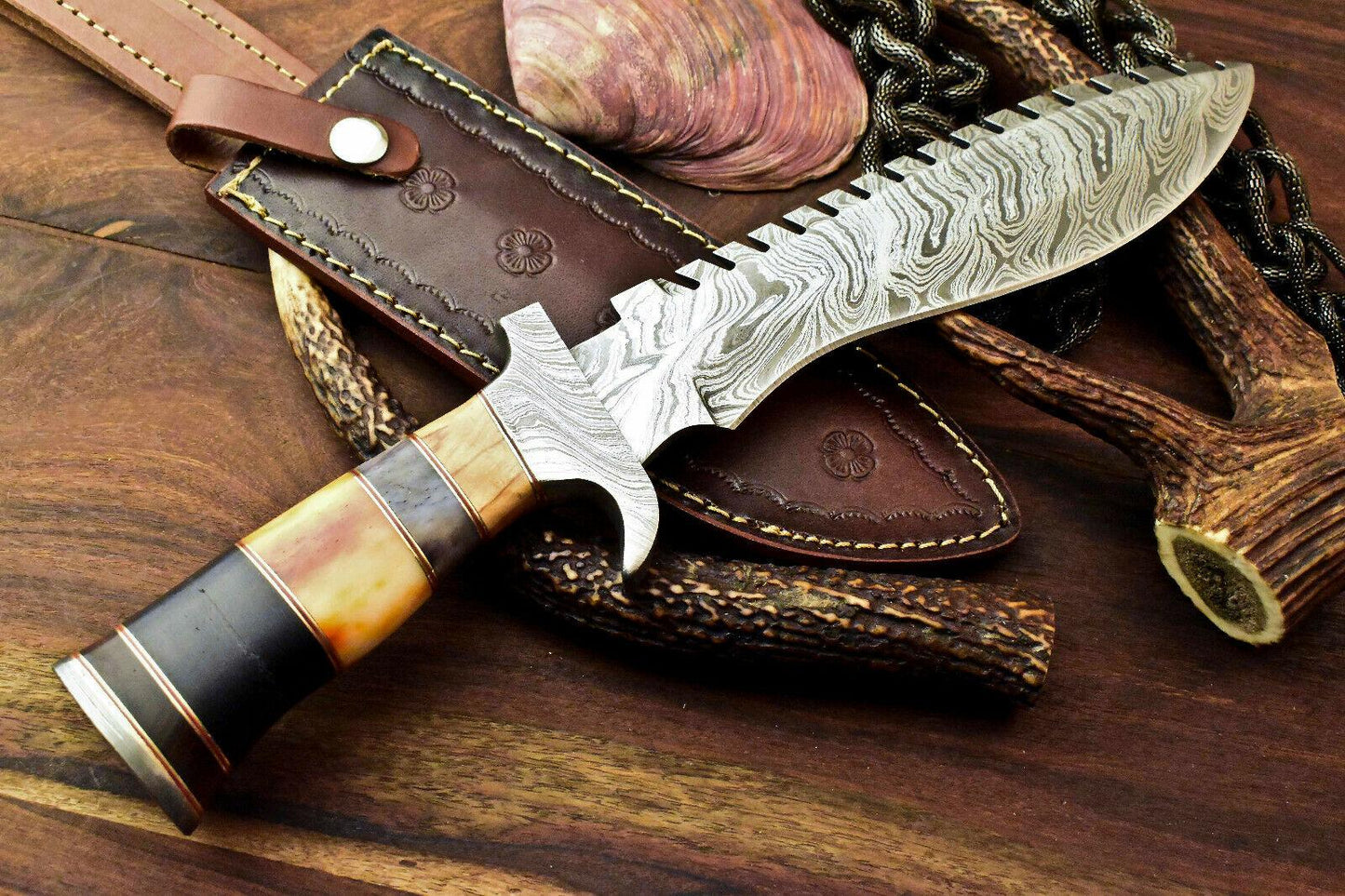 13" Premium Damascus Bowie Knife Damascus Steel Knife with Camel Bone Handle & Sheath