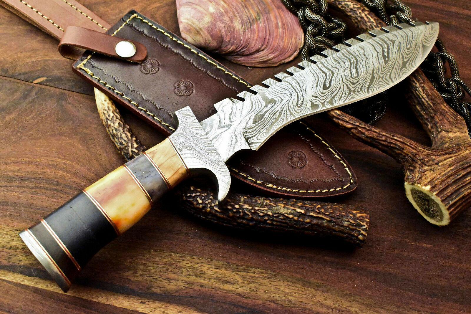 13" Premium Damascus Bowie Knife Damascus Steel Knife with Camel Bone Handle & Sheath
