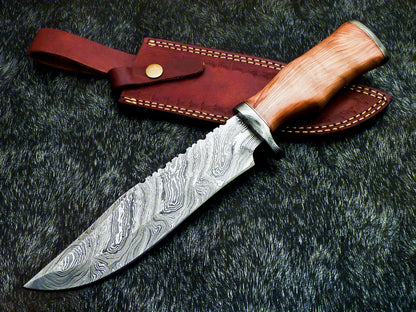 13" Premium Damascus Steel Knife Damascus Bowie Knife With Olive Wood Handle & Sheath