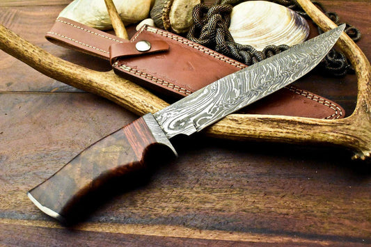 13" Premium Damascus Steel Knife Damascus Bowie Knife With Walnut Wood Handle & Sheath