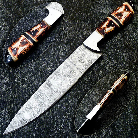 13" Professional Kitchen Chef Knife – Handmade Damascus Blade with Engraved Camel Bone Handle