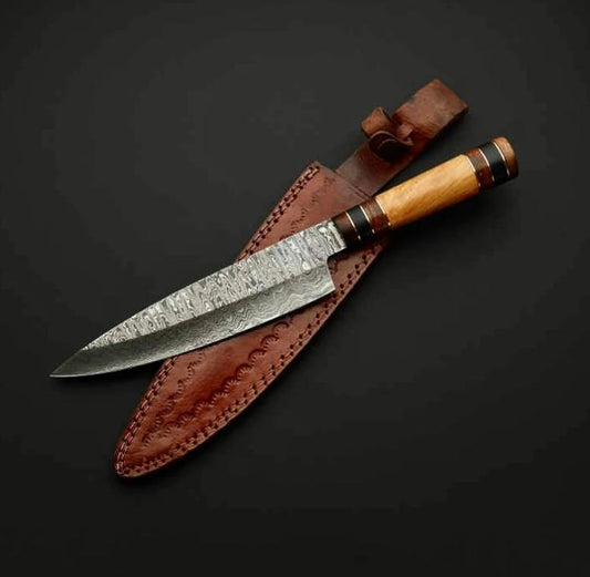 13" Santoku Japanese Style Damascus Steel Custom Handmade Chef Kitchen Knife – 8" Blade, Wood Handle, Leather Sheath