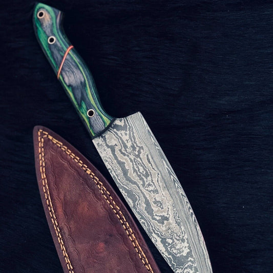 13" Twist Damascus Steel Bowie Chef Knife – Camel Bone & Wood Handle
