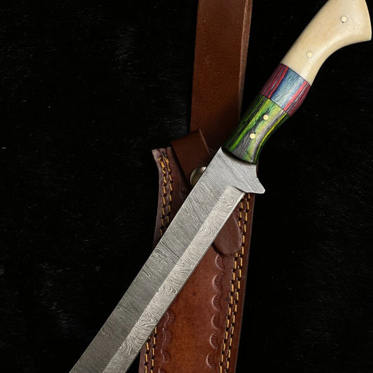 13" Twist Damascus Steel Bowie Knife – Camel Bone & Wood Handle