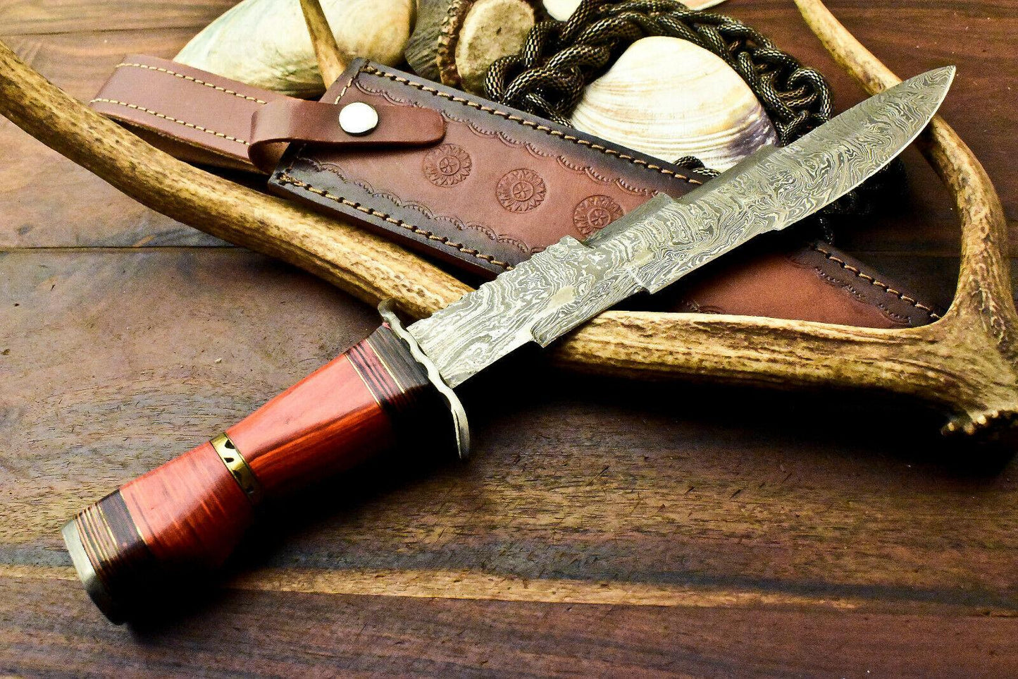 14.0" Damascus Bowie Knife Damascus Steel Knife with Hardwood Handle & Leather Sheath