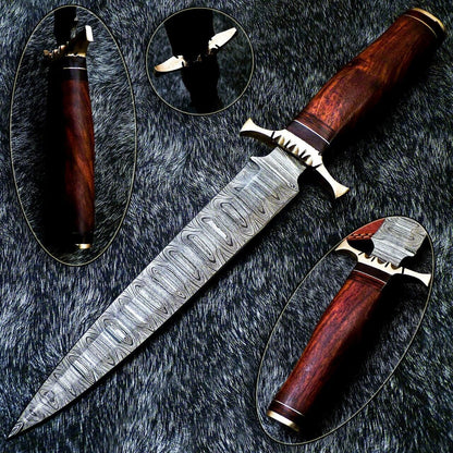 14.0" Hand Forged Damascus Bowie Knife Damascus Steel Knife With Natural Wood Handle & Sheath