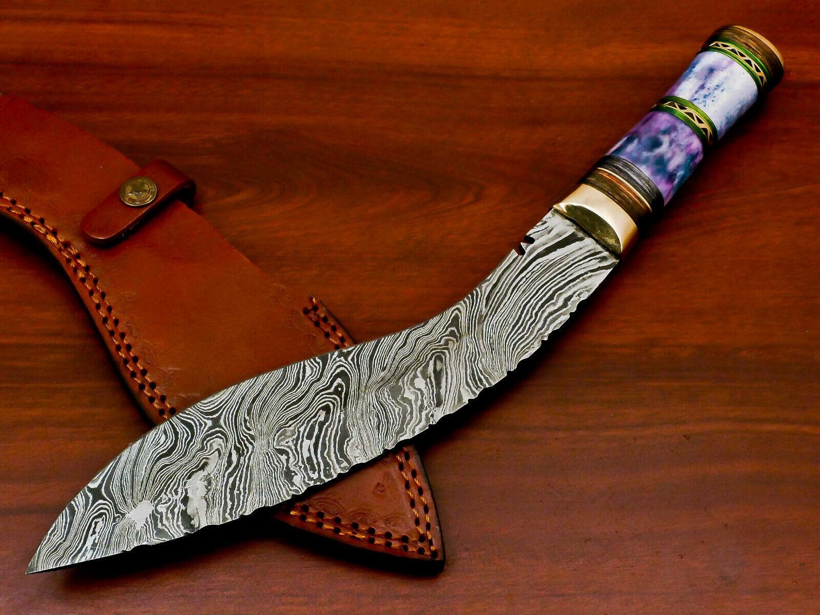14.5" Custom Bowie Knife Damascus Steel Knife with Camel Bone & Hardwood Handle
