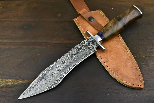 14.5" Custom Damascus Bowie Knife Damascus Steel Knife with Walnut Wood Handle & Sheath
