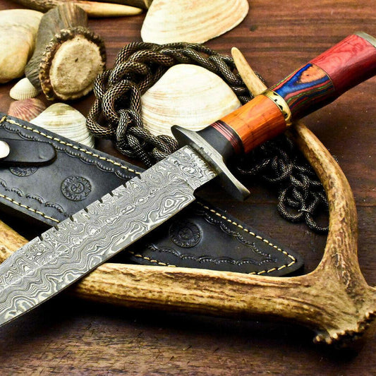 14.5" Damascus Bowie Hunting Knife – Hard Wood Handle with Leather Sheath
