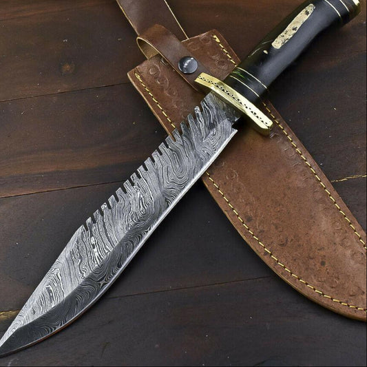  14.5" Damascus Bowie Knife – Bull Horn Handle & Brass Guard