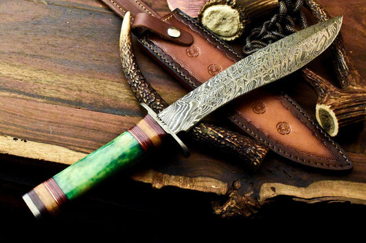 14.5" Damascus Bowie Knife Damascus Steel Knife With Camel Bone & Hardwood Handle 