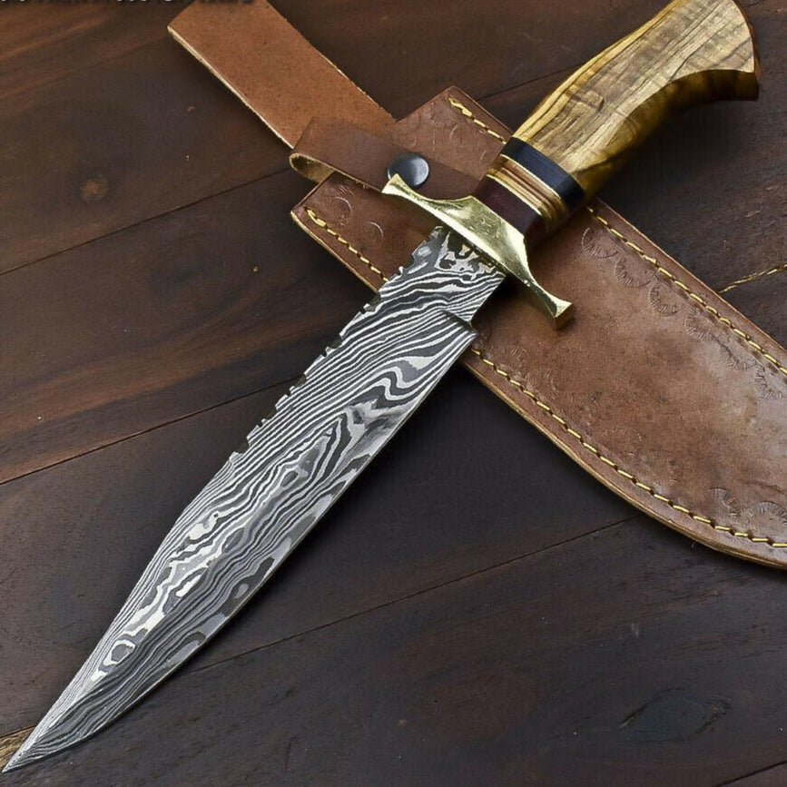 14.5" Damascus Bowie Knife Damascus Steel Knife with Walnut Wood & Leather Sheath
