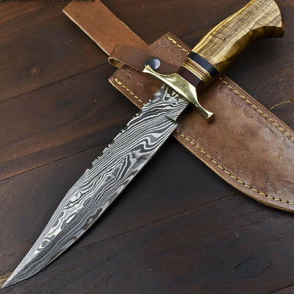 14.5" Damascus Bowie Knife Damascus Steel Knife with Walnut Wood & Leather Sheath