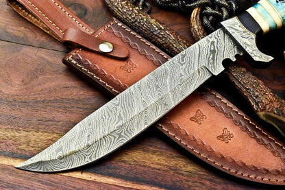 14.5" Damascus Bowie Knife,Damascus Steel with Camel Bone Handle & Leather Sheath