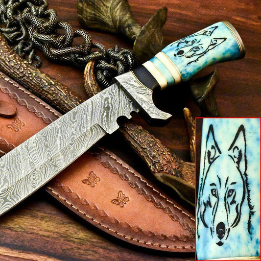 14.5" Damascus Bowie Knife | Laser Etched Blade & Camel Bone Handle
