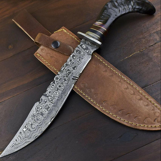 14.5" Damascus Bowie Knife – Ram's Horn Handle & Leather Sheath