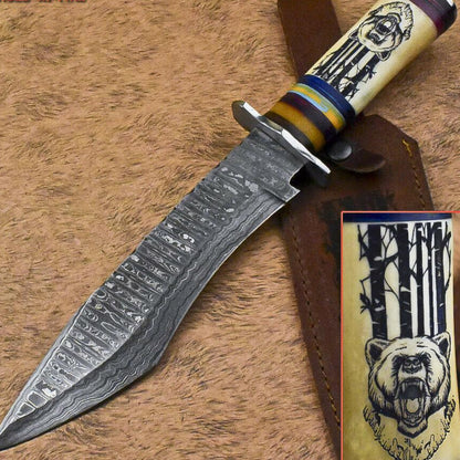 14.5” Damascus Bowie Knife | Scrimshaw Camel Bone Handle