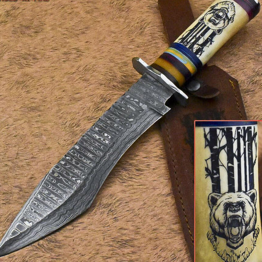 14.5” Damascus Bowie Knife | Scrimshaw Camel Bone Handle