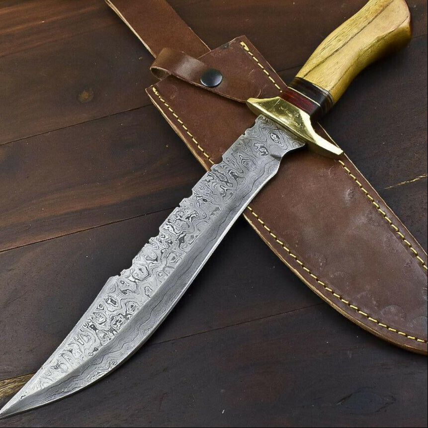 14.5" Damascus Bowie Knife – Walnut Wood Handle with Brass Guard