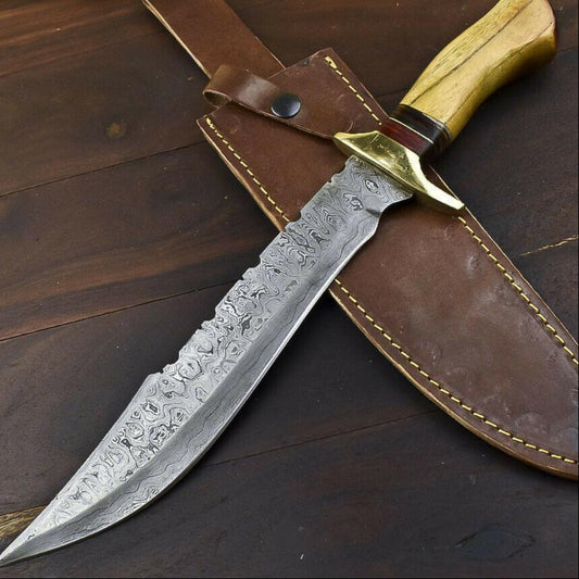 14.5" Damascus Bowie Knife – Walnut Wood Handle with Brass Guard