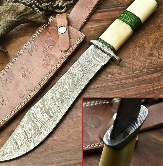 14.5" Damascus Bowie Knife with Camel Bone Handle & Leather Sheath