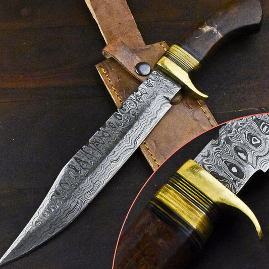 14.5" Damascus Bowie Knife with Walnut Wood Handle & Brass Guard