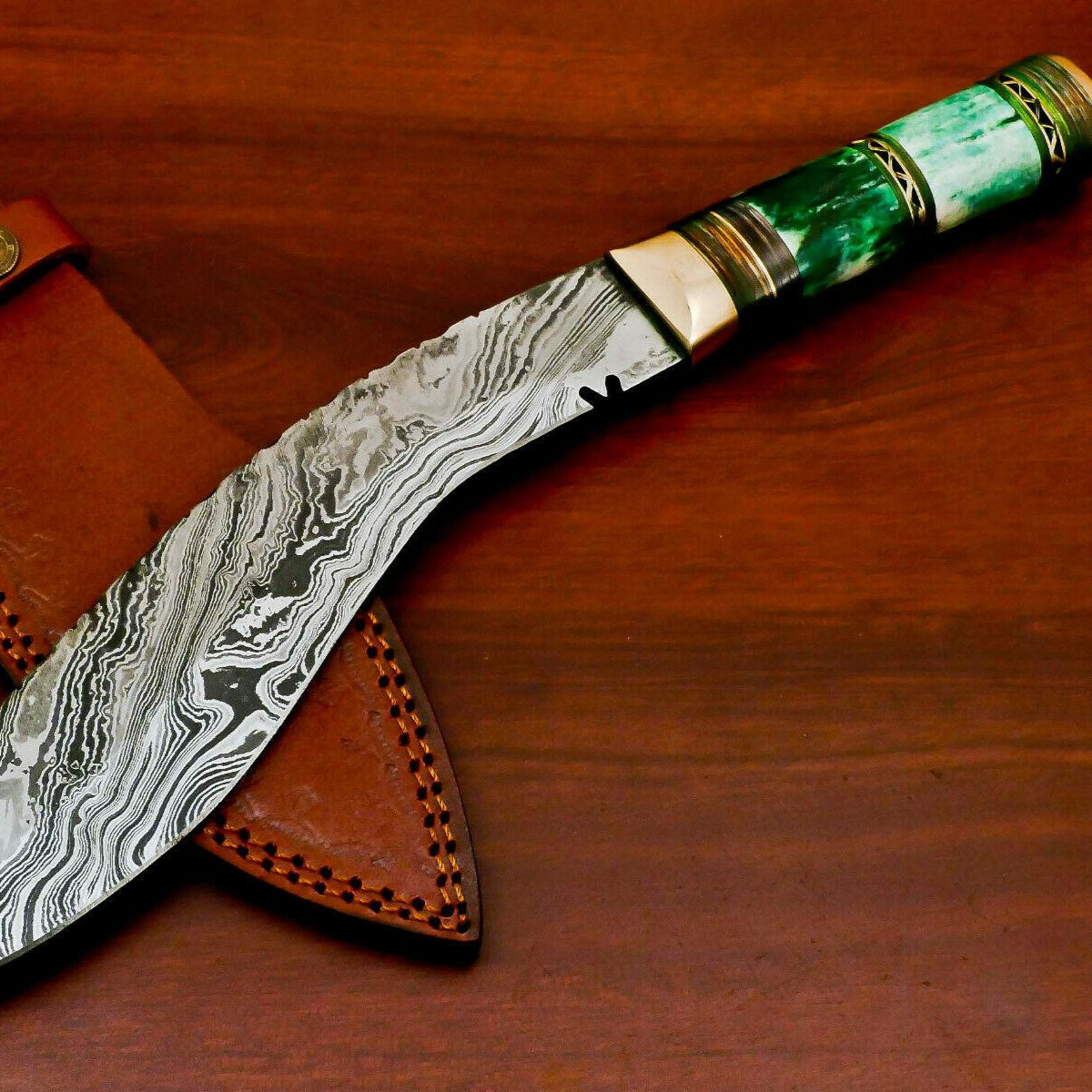 14.5" Damascus Khukri Bowie Knife | Stained Camel Bone & Hardwood Handle with Leather Sheath