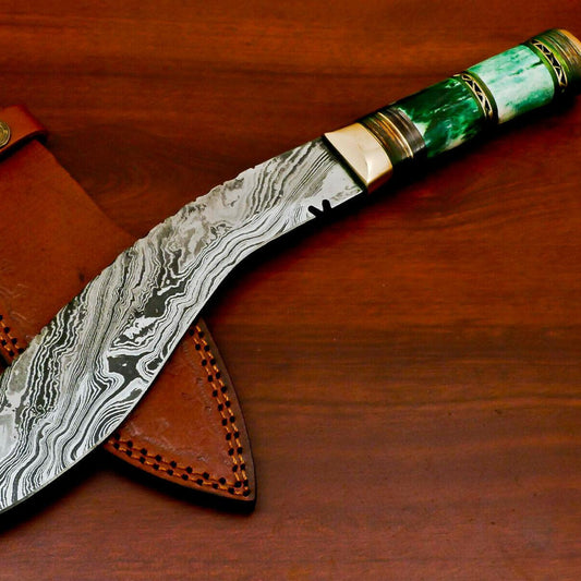 14.5" Damascus Khukri Bowie Knife | Stained Camel Bone & Hardwood Handle with Leather Sheath