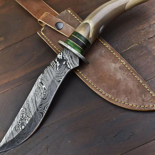 14.5" Damascus Steel Bowie Knife – Bull Horn Handle & Damascus Guard