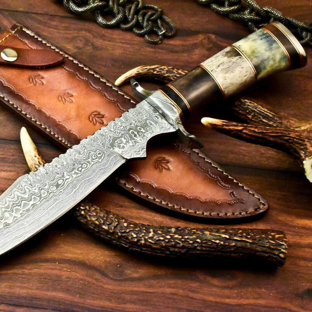 14.5" Damascus Steel Bowie Knife | Camel Bone Handle