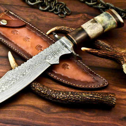 14.5" Damascus Steel Bowie Knife | Camel Bone Handle