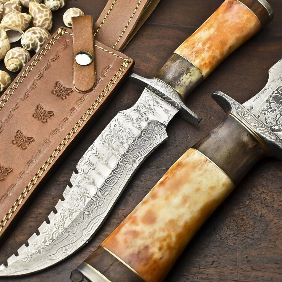 14.5" Damascus Steel Bowie Knife – Camel Bone Handle & Leather Sheath
