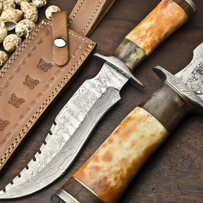 14.5" Damascus Steel Bowie Knife – Camel Bone Handle & Leather Sheath
