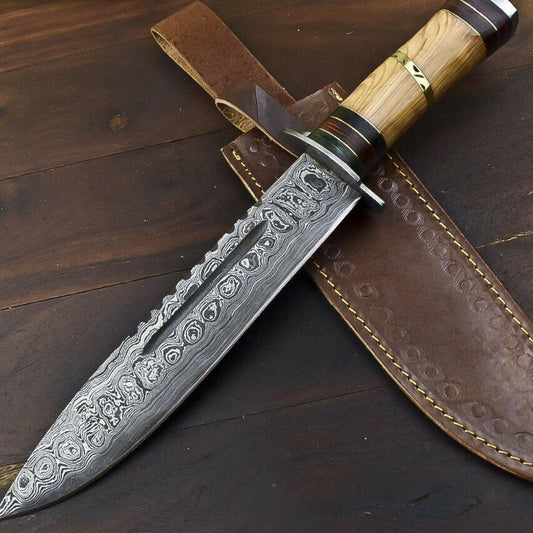 14.5" Damascus Steel Bowie Knife – Olive Wood Handle & Leather Sheath