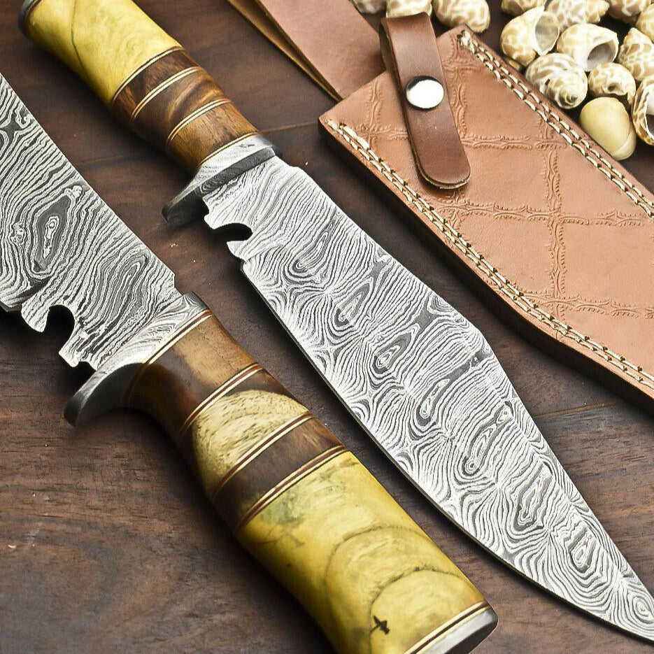 14.5" Damascus Steel Bowie Knife – Walnut Wood Handle | Handmade Hunting Blade