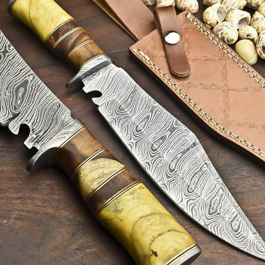 14.5" Damascus Steel Bowie Knife – Walnut Wood Handle | Handmade Hunting Blade