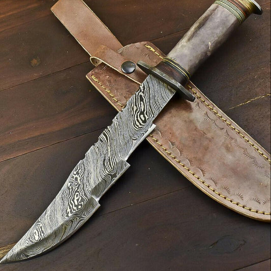 14.5" Damascus Steel Bowie Knife with Camel Bone Handle – Handmade Fixed Blade Hunting Knife