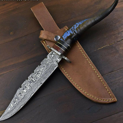 14.5" Damascus Steel Bowie Knife with Ram’s Horn Handle – Full Tang Trailing Blade