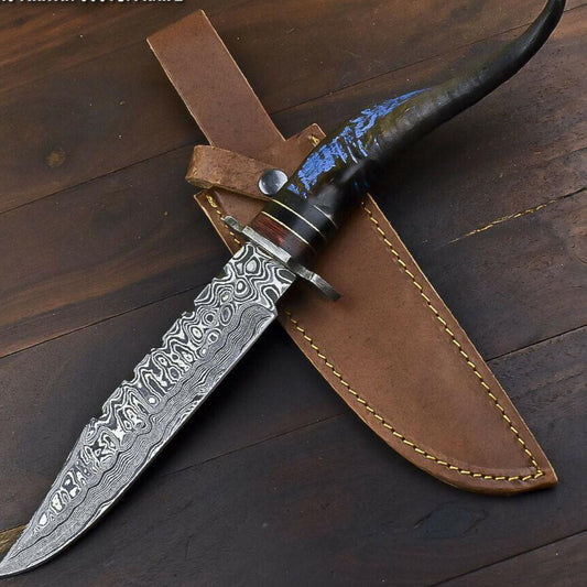 14.5" Damascus Steel Bowie Knife with Ram’s Horn Handle – Full Tang Trailing Blade