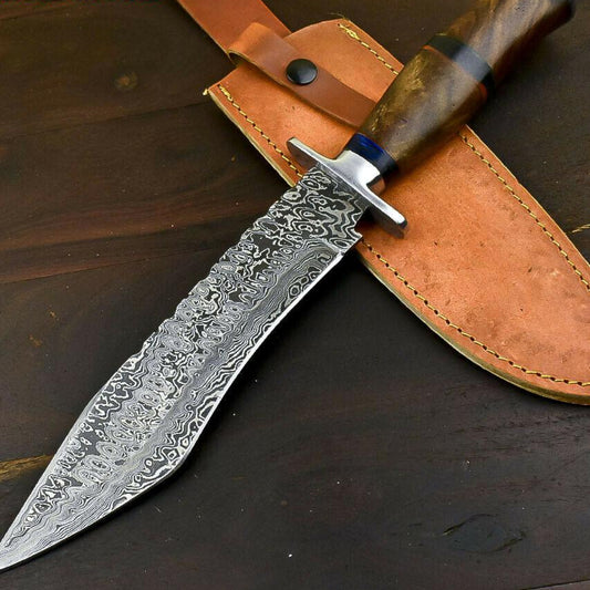 14.5" Damascus Steel Bowie Knife with Walnut Wood Handle Handmade