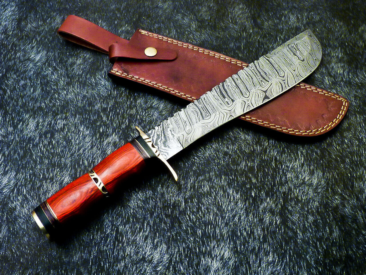14.5" Hand-Forged Damascus Steel Bowie Hunting Knife – Hardwood Handle