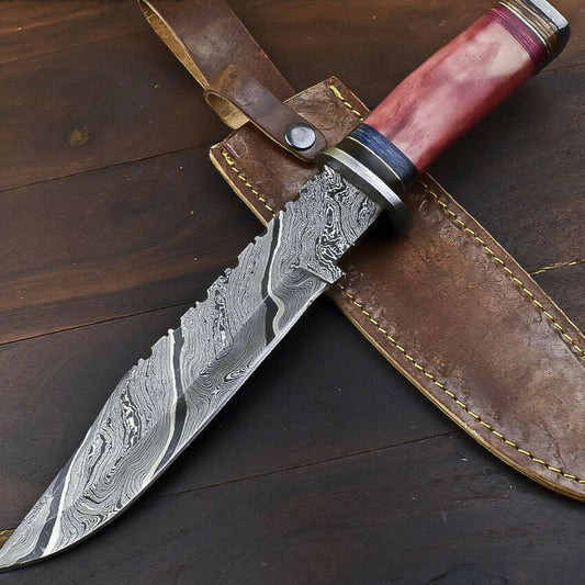 14.5" Hand Forged Damascus Bowie Knife – Camel Bone Handle, Trailing Point 