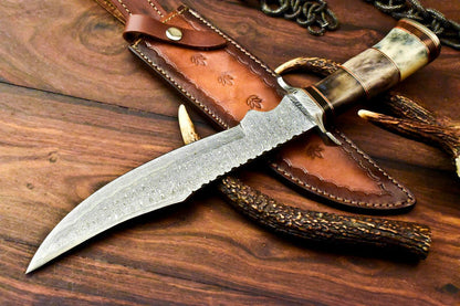 14.5" Hand Forged Damascus Bowie Knife Damascus Steel Knife with Bone Handle & Sheath