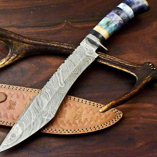 14.5" Handmade Damascus Bowie Knife – Camel Bone Handle & Leather Sheath